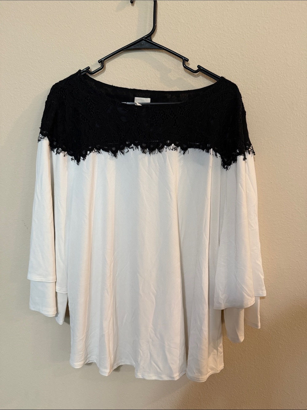Chico's White Long Sleeve Top with Black Lace Yoke
